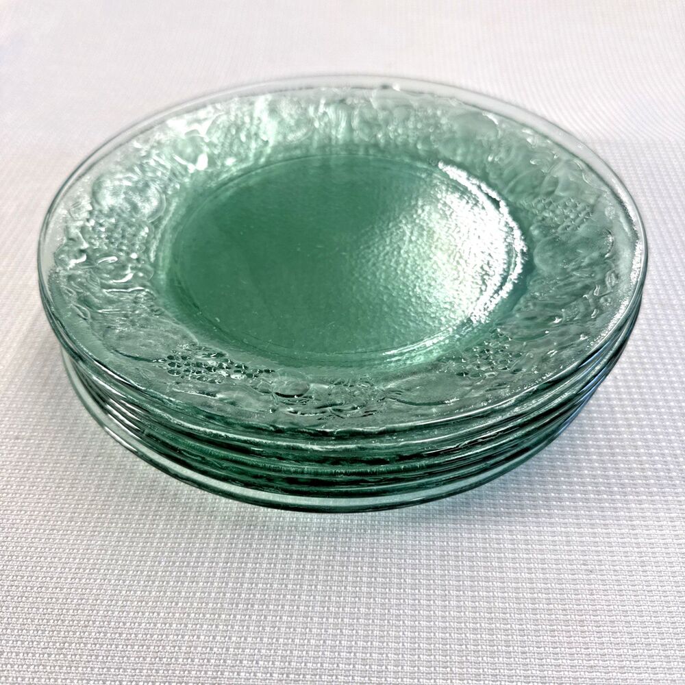 7 Vintage 9" Libbey Orchard Fruit Green Glass Luncheon Salad Plates 1990s